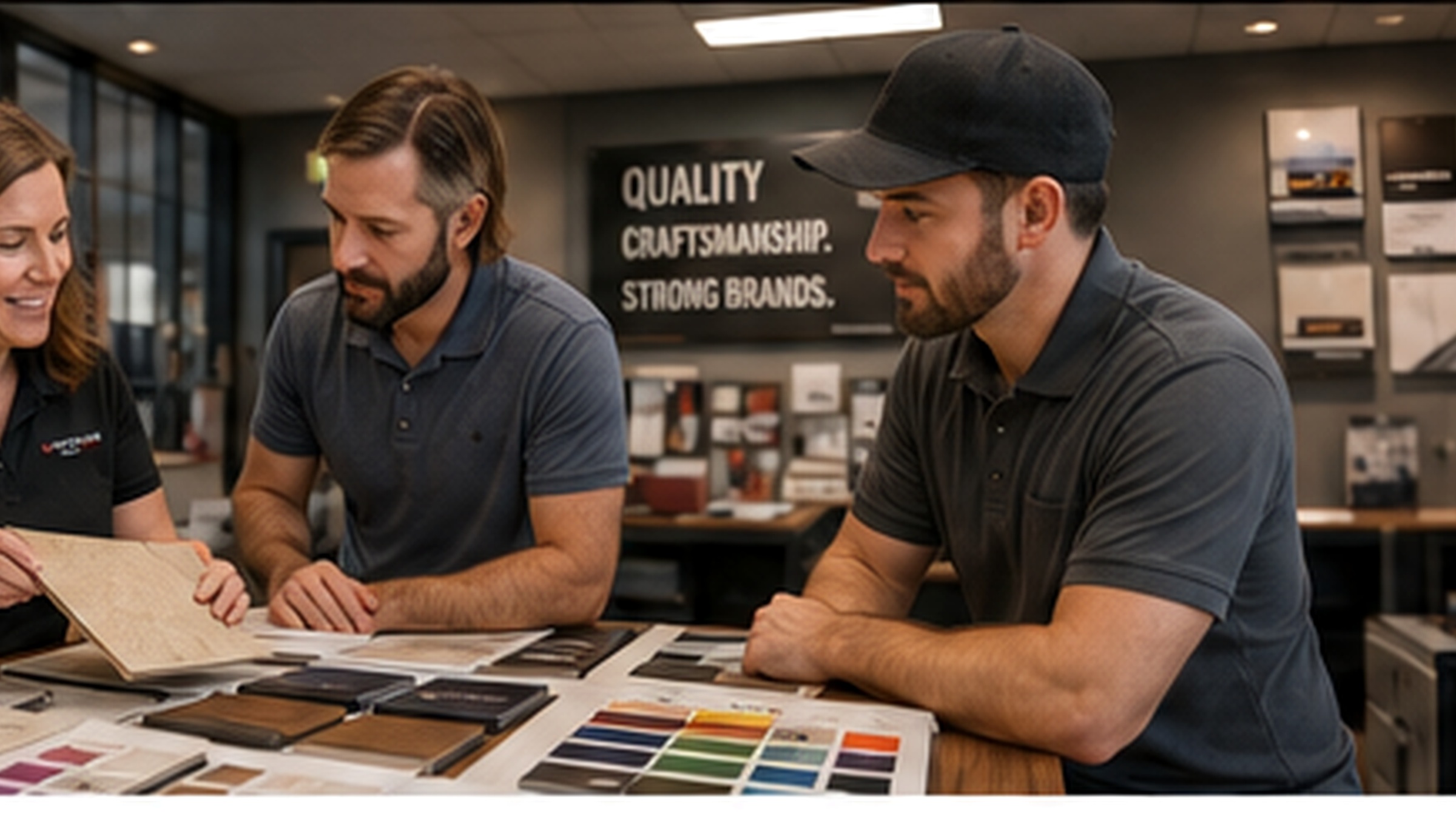 Sign and apparel specialists reviewing production materials and decoration options