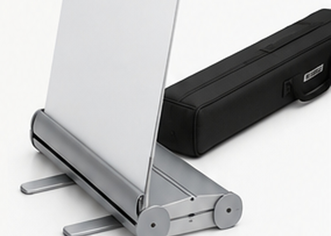 Close view of retractable banner aluminum base and support hardware
