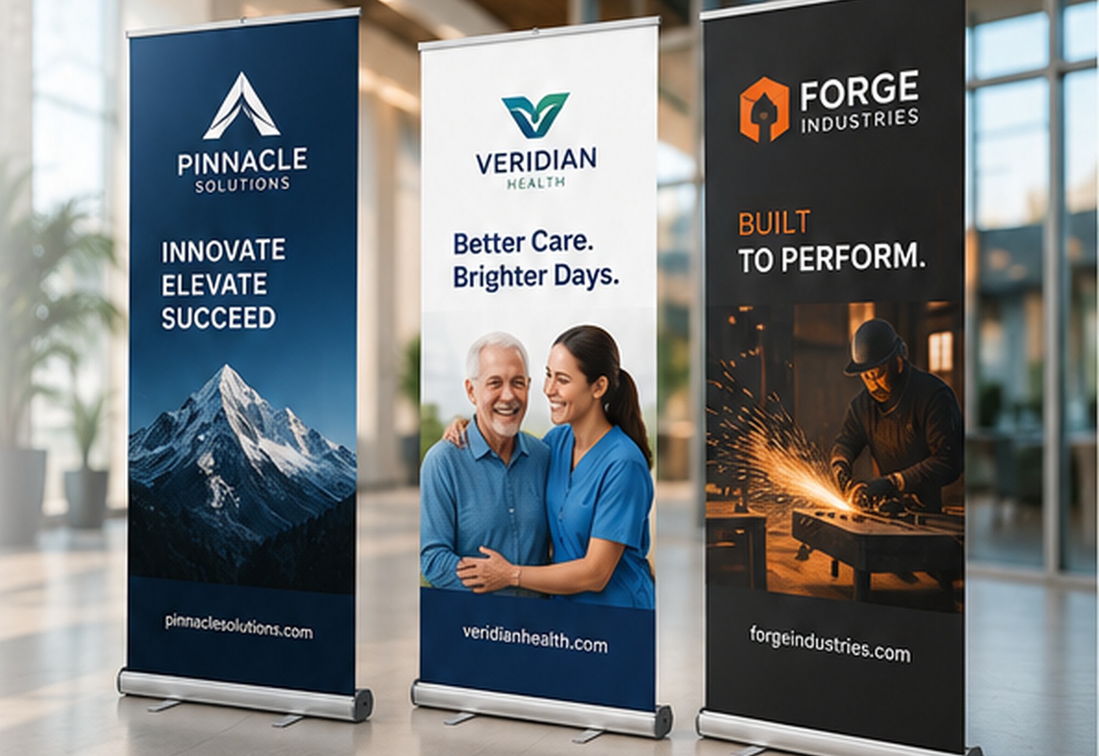Custom retractable banner stands displayed in a modern event venue