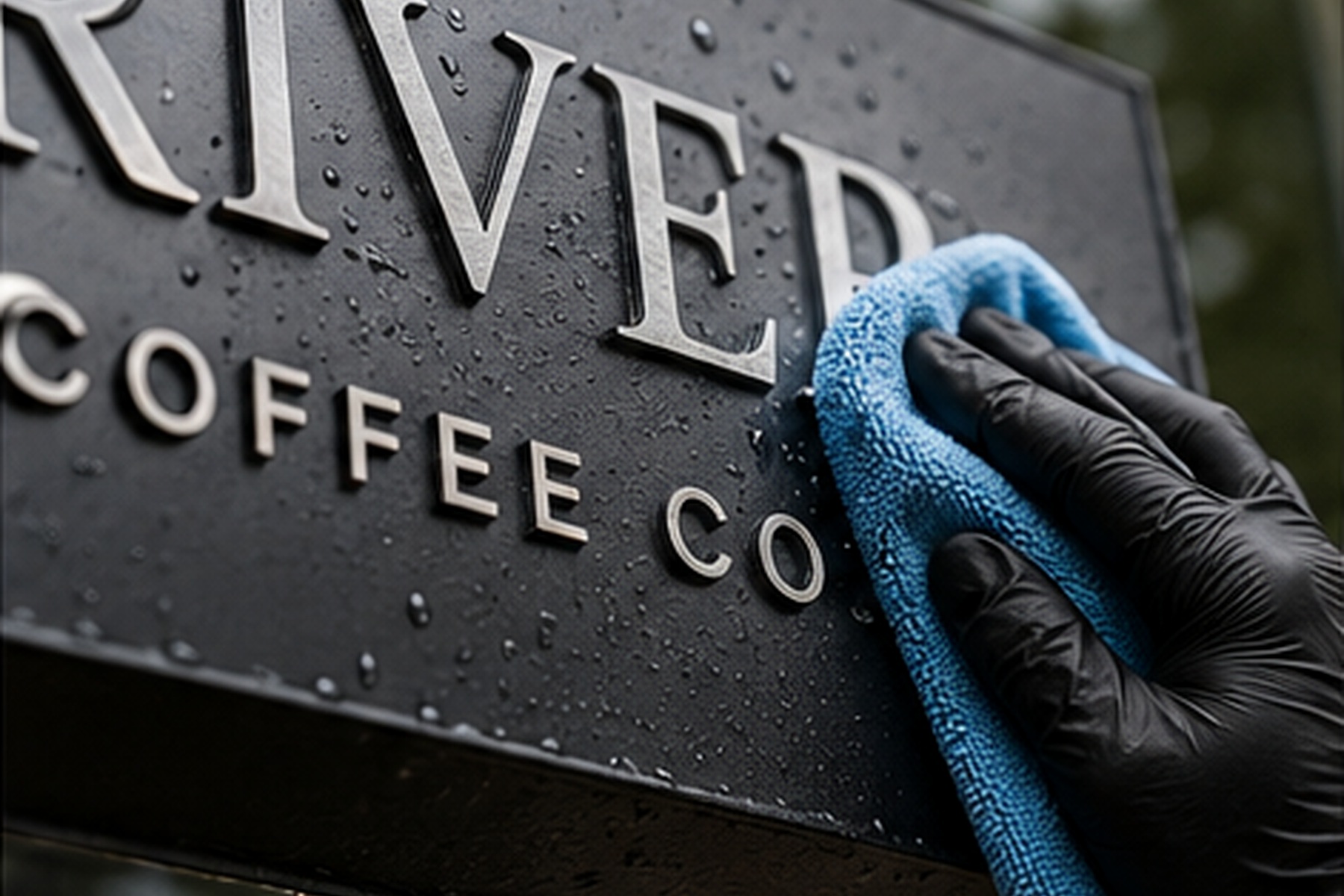 Dimensional business sign being cleaned with a soft microfiber cloth