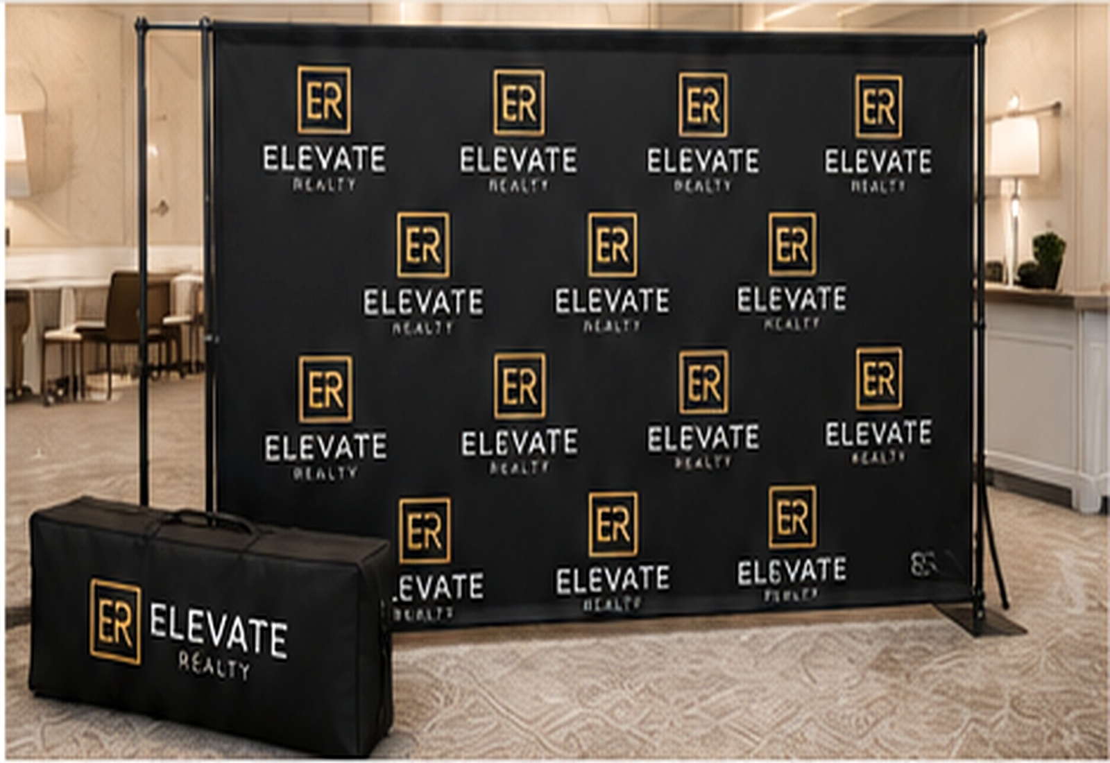 Portable step and repeat backdrop with adjustable frame and carrying case