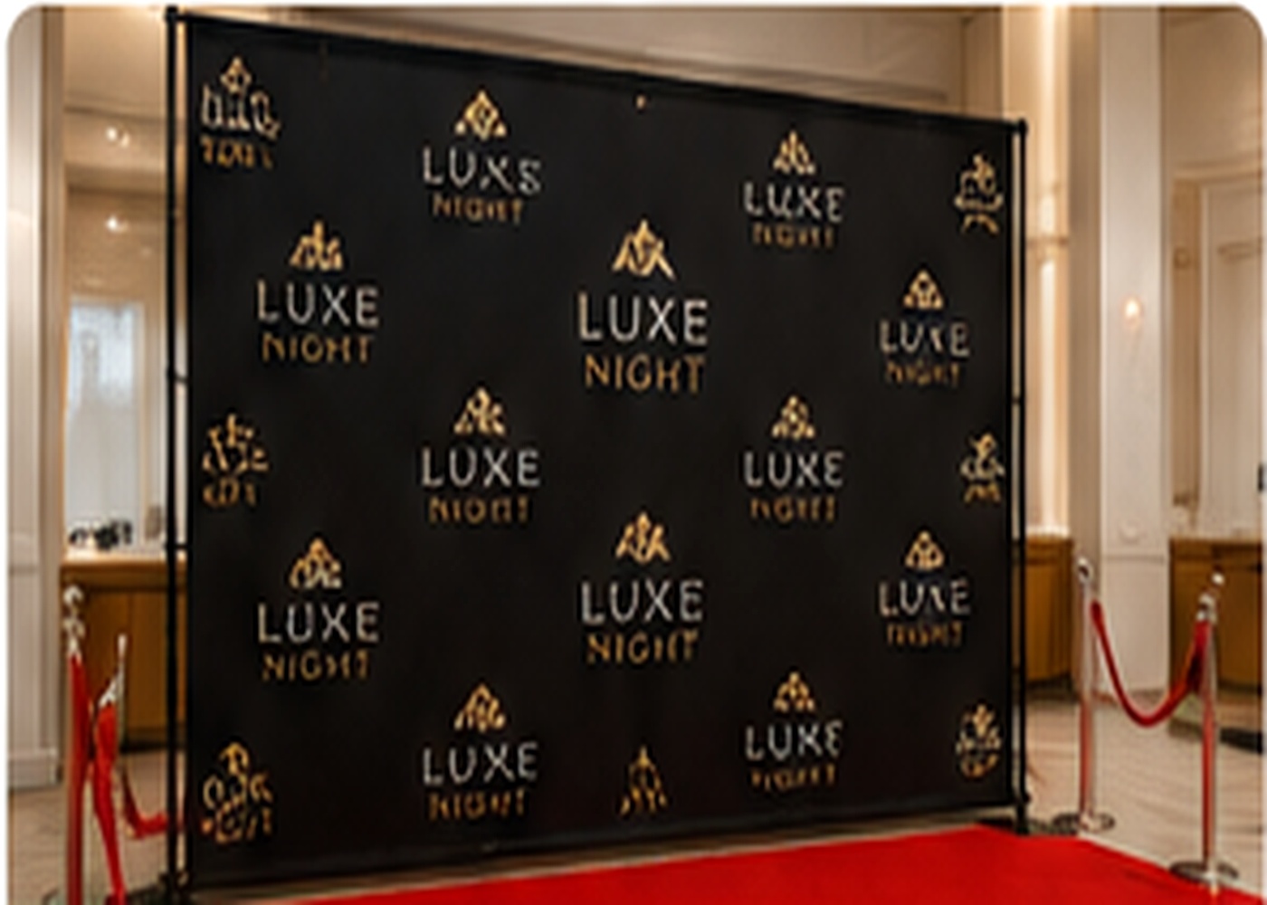 Black and gold step and repeat backdrop at a red carpet event