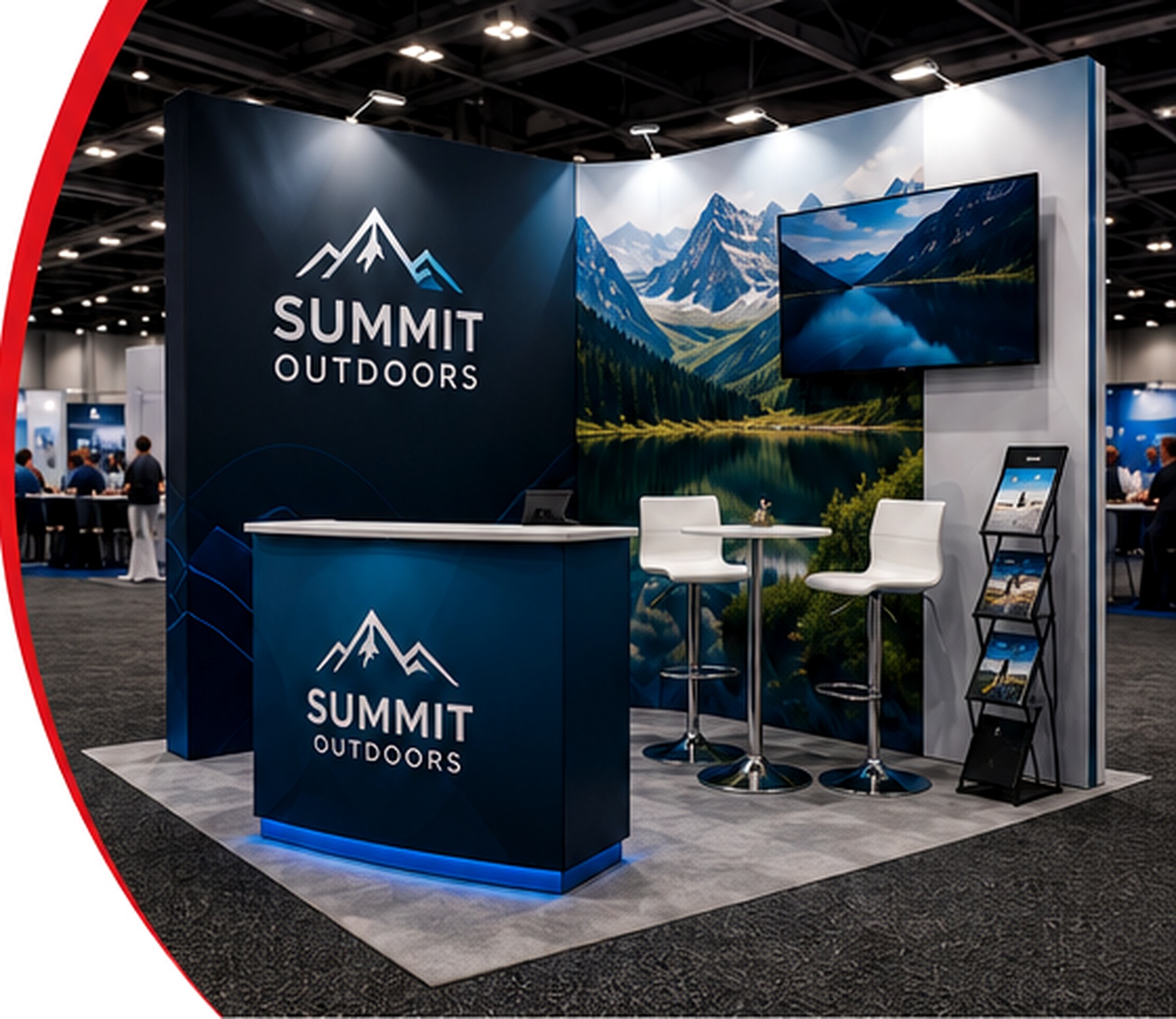Custom illuminated trade show exhibit with branded counters, large-format graphics, seating, and monitor