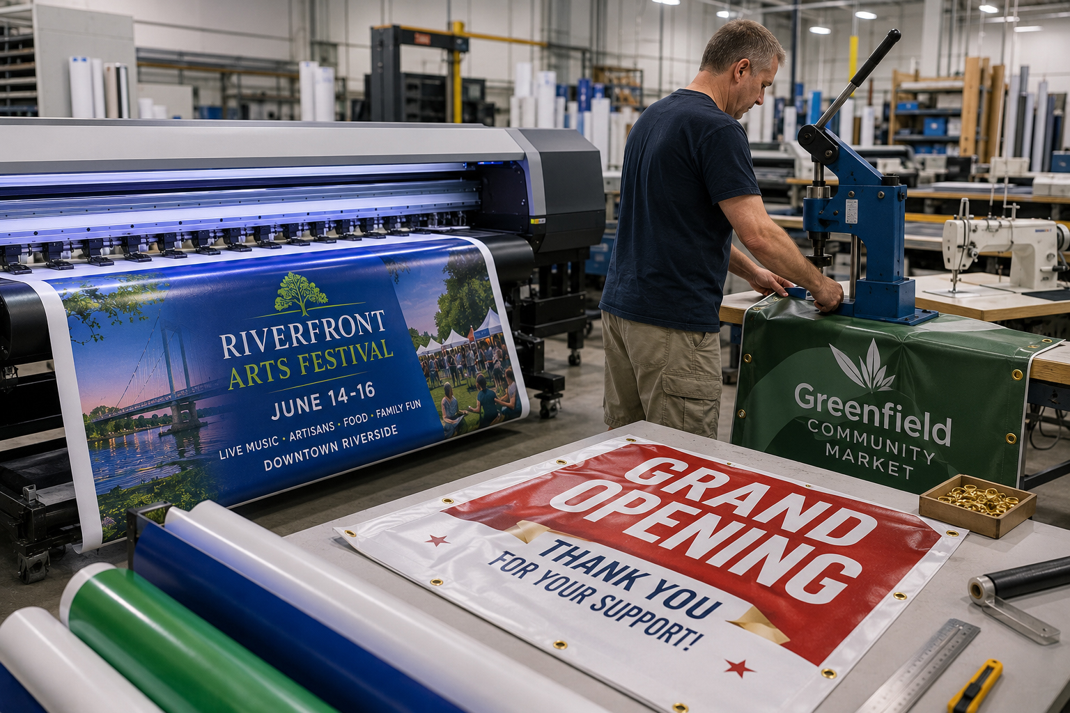 Wide format printer producing a custom vinyl banner with reinforced finishing