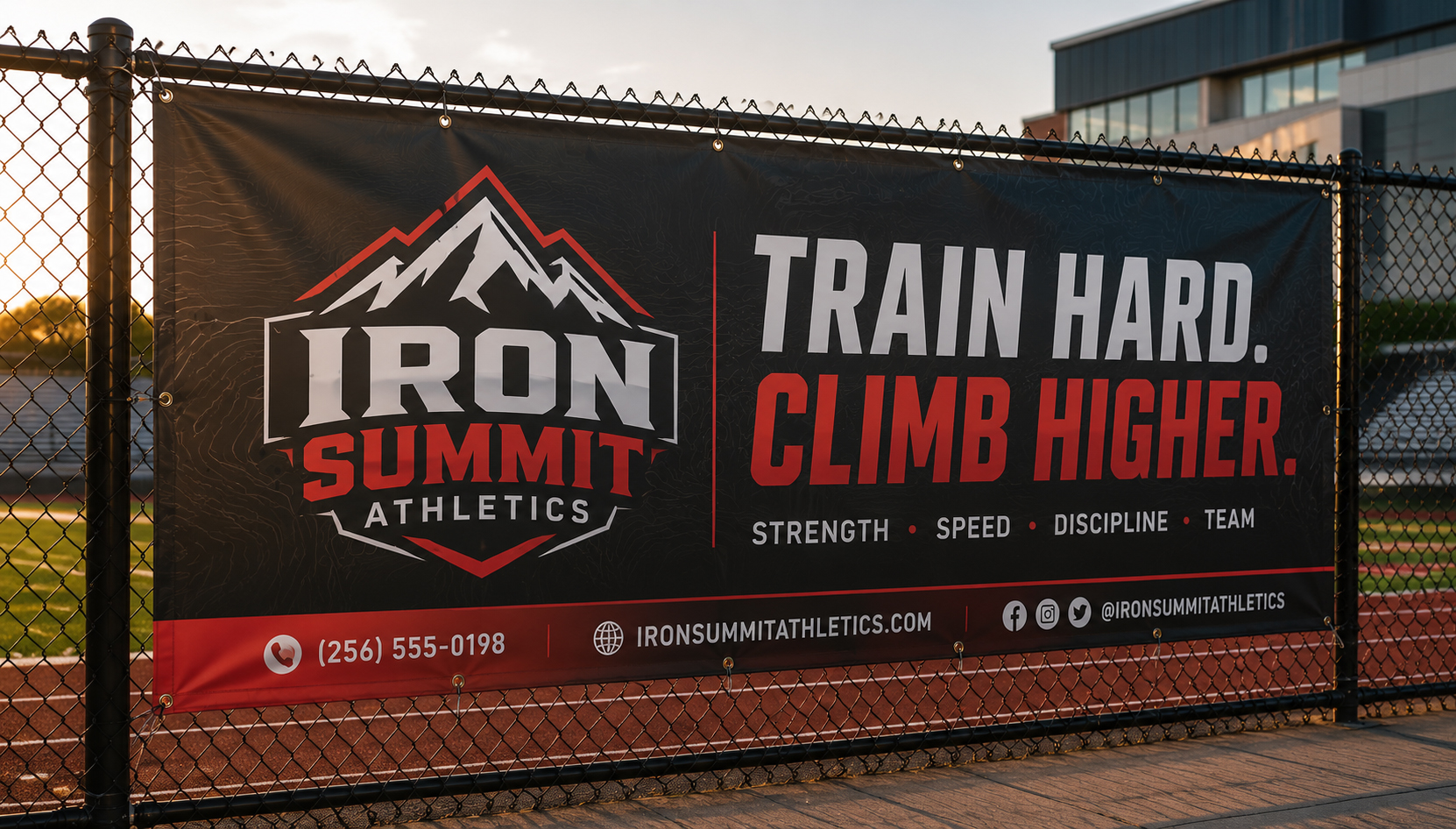 Custom full-color vinyl banner installed outdoors for a business promotion